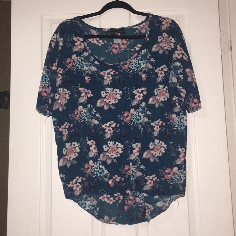 Teal front knot floral print blouse